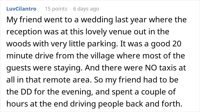 Text screenshot about a remote wedding where guests had transportation issues due to a lack of taxis.