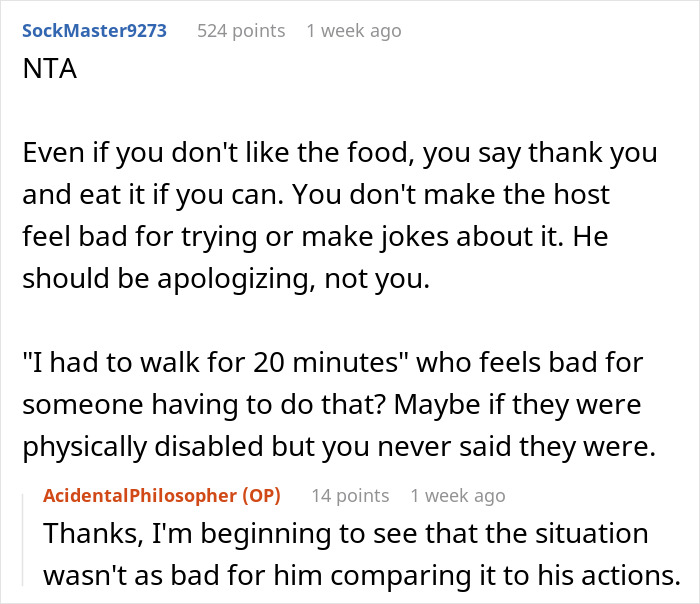 Reddit comment discussing a friend's snarky remarks about a home-cooked meal, emphasizing gratitude and politeness.