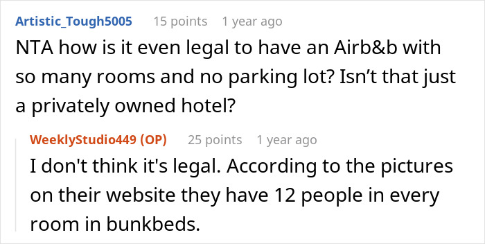 Screenshot of a discussion questioning the legality of an Airbnb, focusing on rooms without a driveway block.