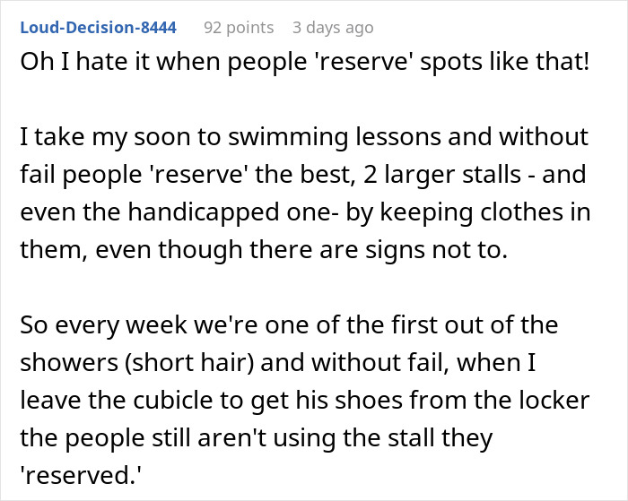 Text describing petty revenge at a resort, highlighting selfish behavior in reserved areas.