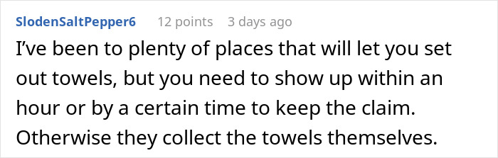 Text post comment discussing towel reservations and policy at various resorts.