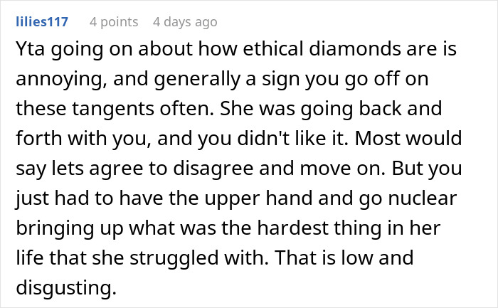 Online comment discussing ethical diamonds and a personal disagreement.