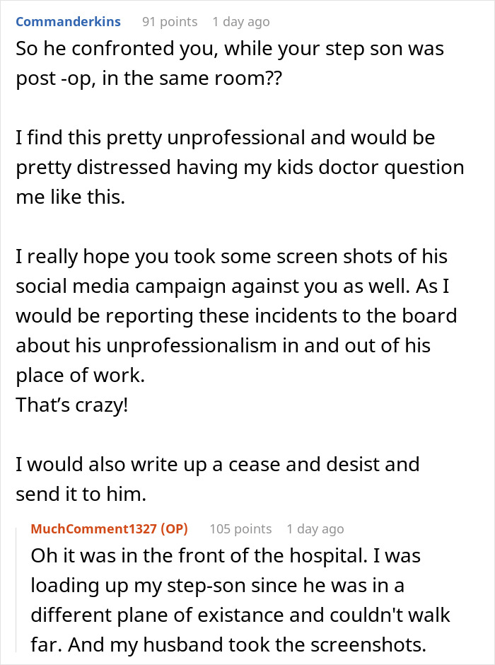 Reddit comment discussing unprofessional behavior of confronting step-son's caregiver.