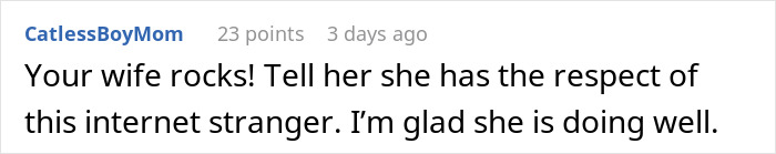 Reddit comment praising someone's wife, expressing respect and appreciation.