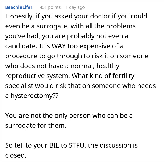 Text discussing the risks of being a surrogate for a woman planning a hysterectomy after her third child.