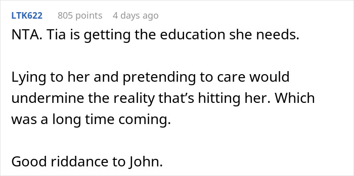 Comment about teen and dad's ex GF, discussing a situation involving Tia and her reaction to John's actions.