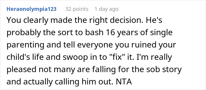 Comment discussing a teen guilt-tripping an ex for adoption decision after 16 years.