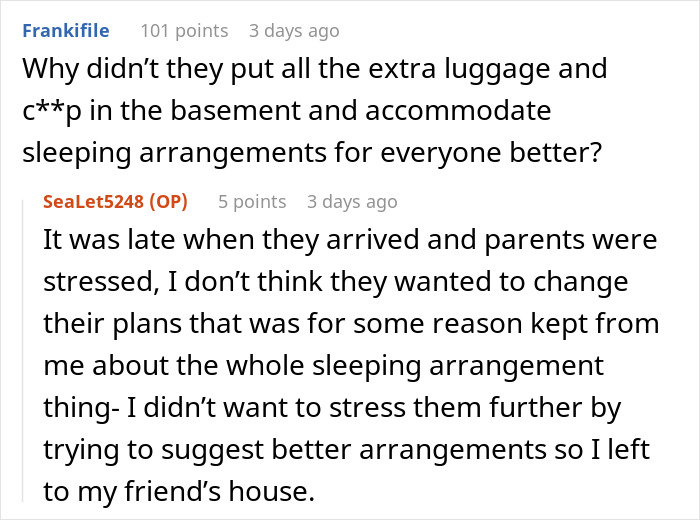 Reddit discussion about parents asking a teen to sleep in cold basement to accommodate guests.