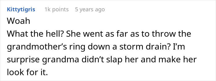 Text post discussing surprise and disbelief about throwing a mother-family-heirloom-ring down a storm drain.