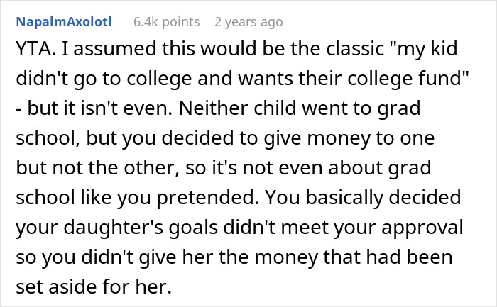 Reddit comment discussing parental favoritism in college funding.