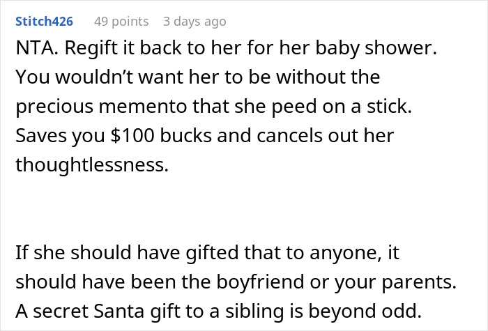 Comment discussing a sister’s pregnancy announcement not being a suitable Christmas present.