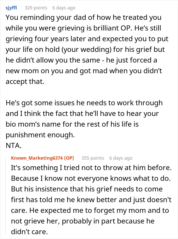 Reddit post discussing dad's reactions to grief over his children's mother.