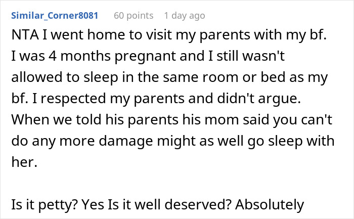 Text post about respecting rules during a visit, describing a situation involving sleeping arrangements.