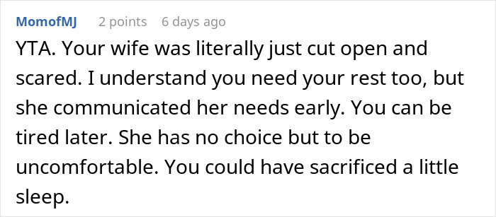 Comment discussing a man's decision not to stay with his wife after her C-section.