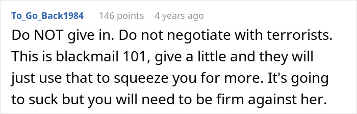 Reddit comment advising against giving in to demands from a toxic mom about inheritance.