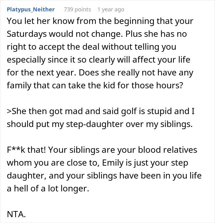 Reddit user defends husband prioritizing golf over stepkid, highlighting personal commitments and family dynamics.