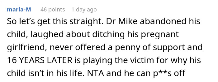 Online comment discussing guilt-trip after teen abandons pregnant girlfriend; adoption decision judged 16 years later.