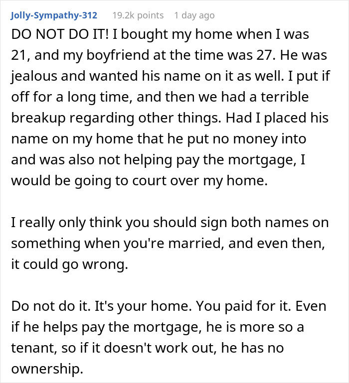 Text about an upset boyfriend wanting his name on a mortgage and potential issues with home ownership.