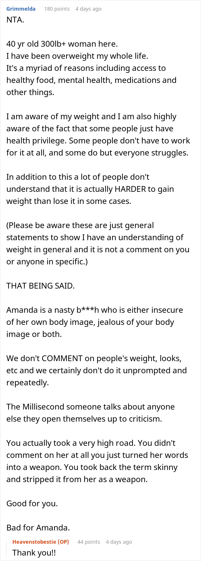 Reddit thread discussing body image, privilege, and weight.