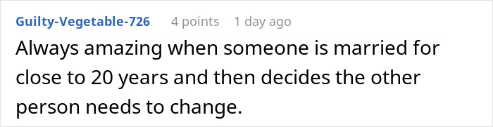 Comment discussing revenge and change in a long-term marriage.