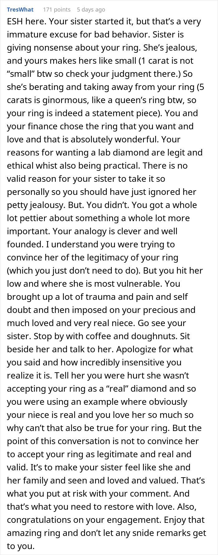 A Reddit comment discussing sibling argument over engagement ring and questioning baby's realness.