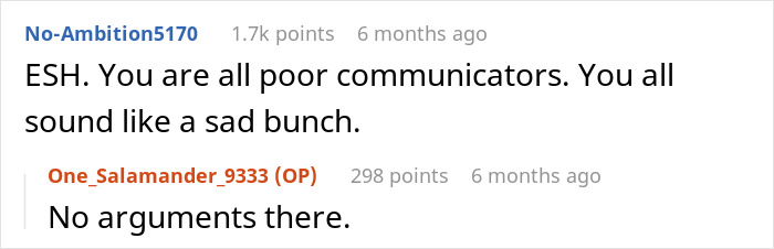 Reddit comments discussing poor communication and in-laws brunch dinner exclusion.