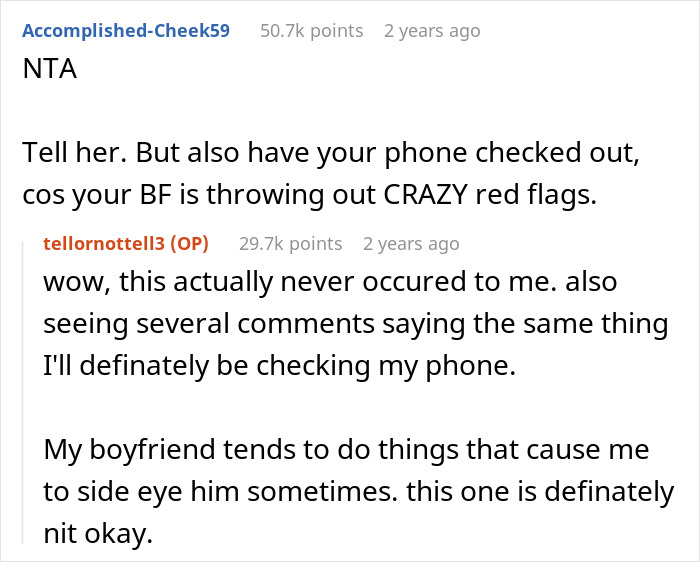 Reddit comments discussing relationship advice and trust issues with a boyfriend.