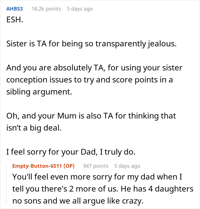 Reddit comment discussing conflict over sister's conception issues.