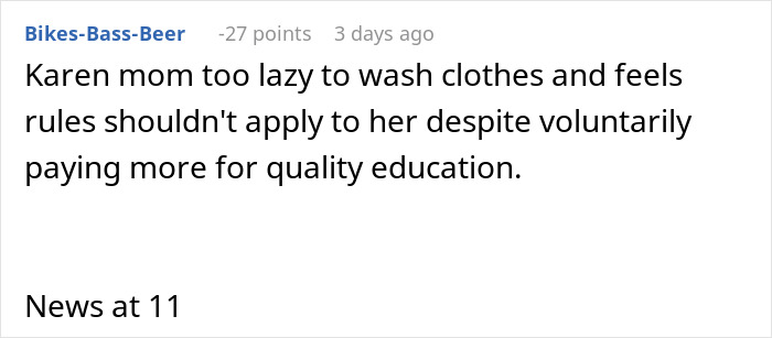 Comment criticizing a mom's approach to exploiting a school dress code loophole.