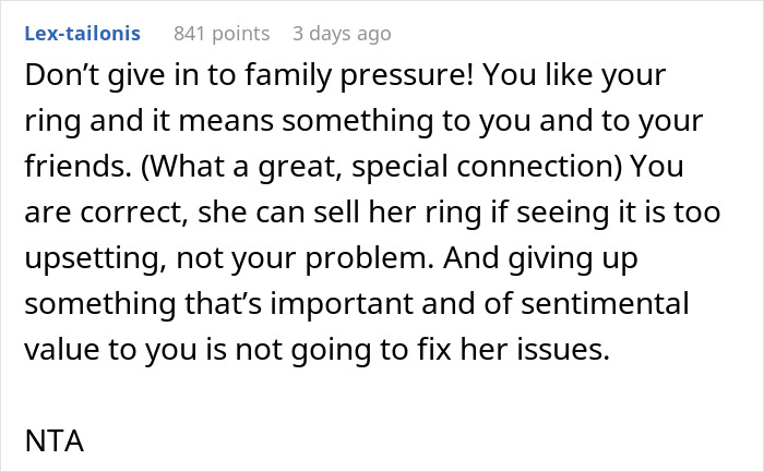 Text discussing family pressure and the importance of keeping a sentimental heirloom ring.