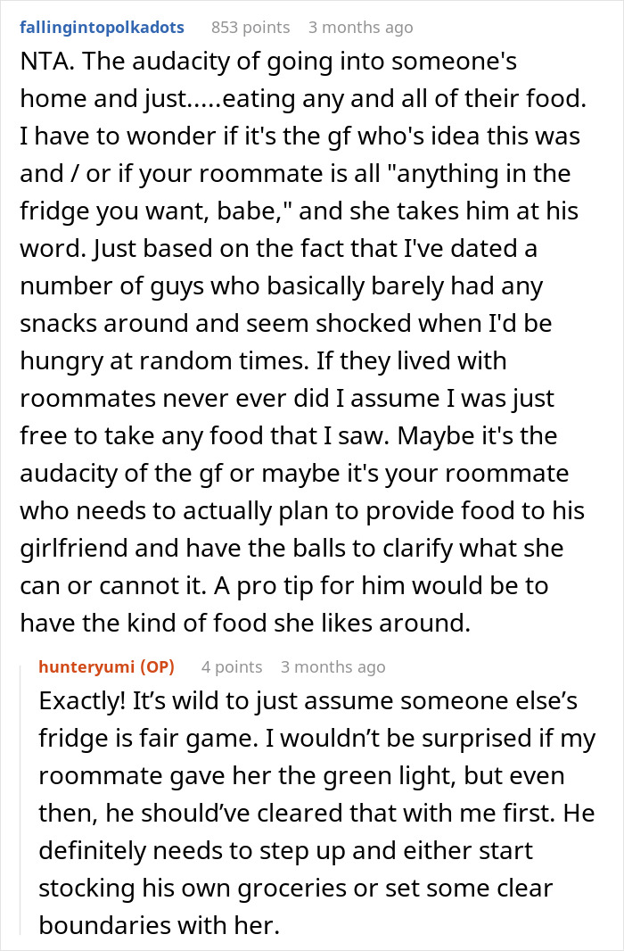 Reddit comment thread discussing a woman eating her boyfriend's roommates' food.