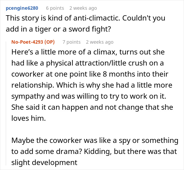 Reddit comments discussing an anticlimactic story with unexpected relationship twists.