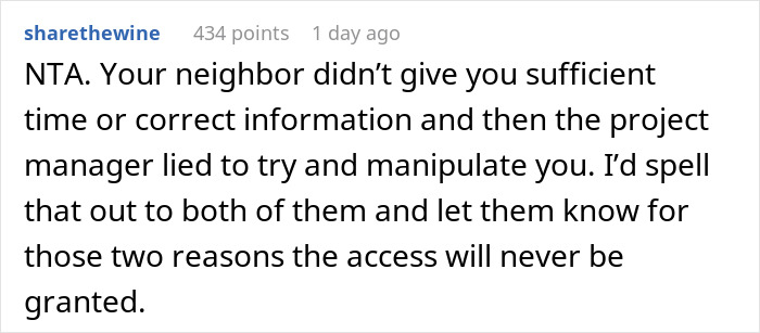 Comment discussing an issue with a neighbor's yard use, highlighting lack of proper communication and manipulation.