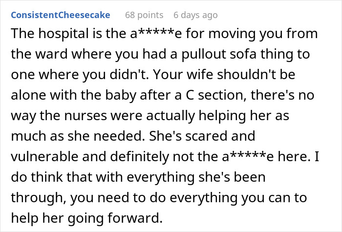 Comment discussing husband's responsibility to support wife after C-section.