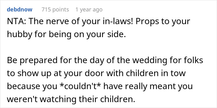 Reddit comment discussing family pressures on a woman to care for kids at a brother-in-law's wedding.