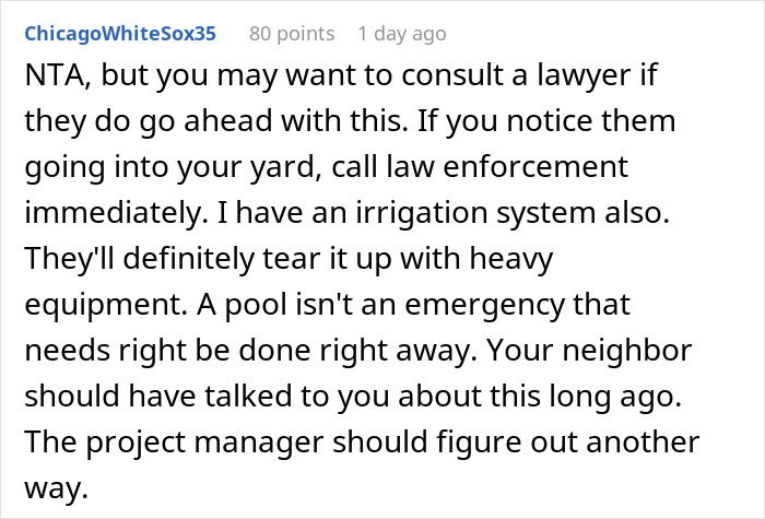 Text response discussing neighbors-yard-use and legal advice regarding unauthorized yard access.