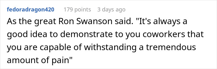 Text quote about showing resilience to coworkers, attributed to Ron Swanson.