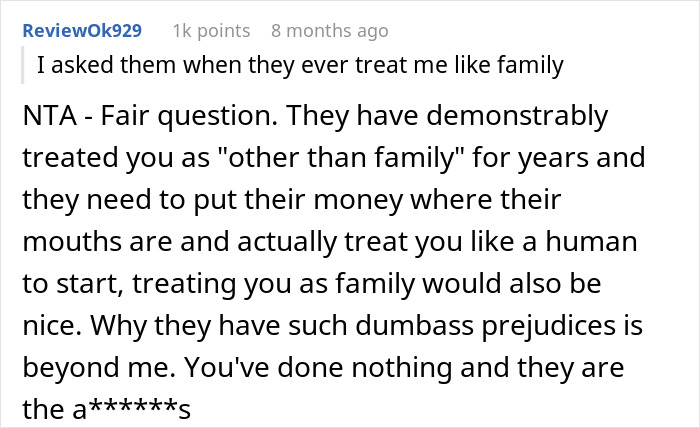 Reddit comment discussing in-laws' attitude, expressing frustration over unfair treatment within the family context.