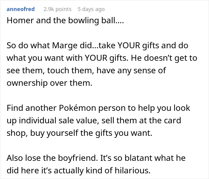 Text response about a boyfriend gifting Pokémon cards for Christmas, suggesting selling them.