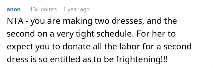 Online comment about bridal shop owner declining to make a free second wedding dress, deeming the request unfair.