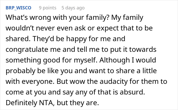 Comment discussing sharing lottery winnings from a white elephant gift, expressing support and disbelief at family expectations.