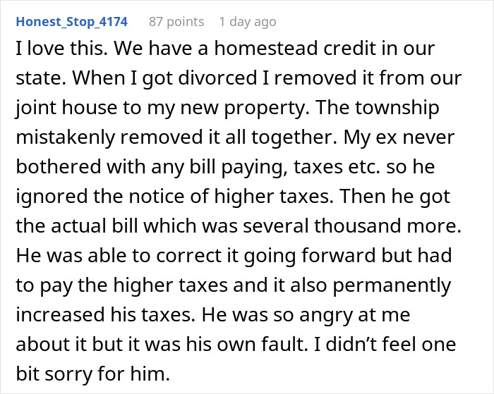 Screenshot of a story about unexpected tax consequences following a divorce and homestead credit removal.