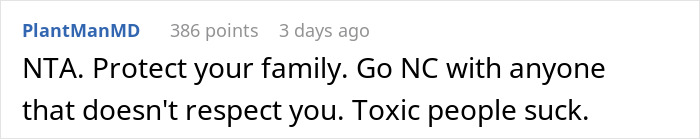 Comment criticizing family dynamics, suggesting cutting ties with toxic people.