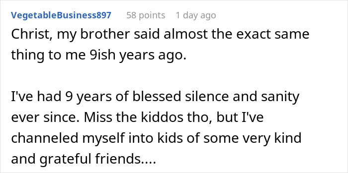 Comment discussing a brother's similar remark about babysitting, with user reflecting on 9 years of change.