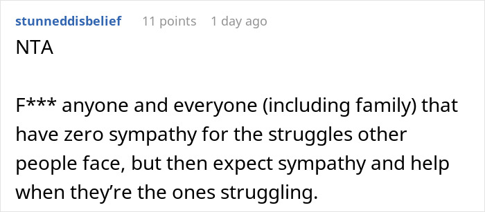 Reddit comment on not watching sister’s kids, emphasizing lack of sympathy in family struggles.