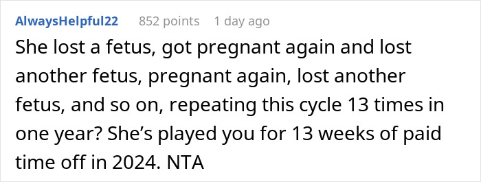 Text discussing repeated miscarriage and paid time off in a forum comment.