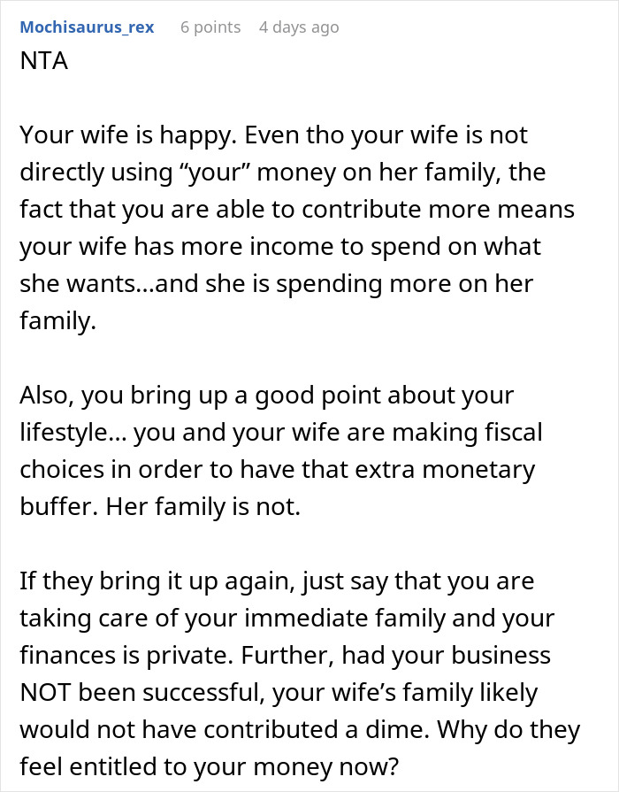 Comment defends man labeled a deadbeat by in-laws after his business success.