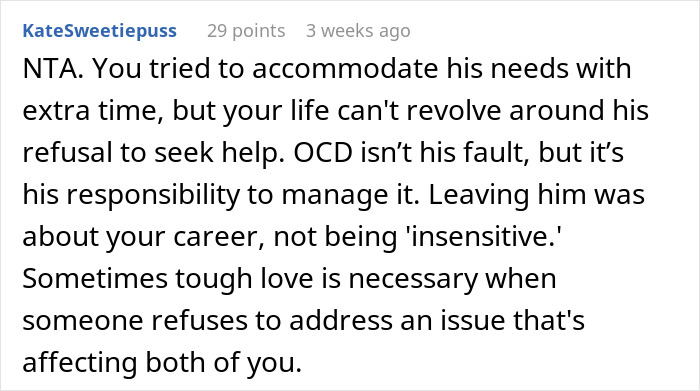 Reddit comment discussing relationship challenges related to OCD and responsibility.