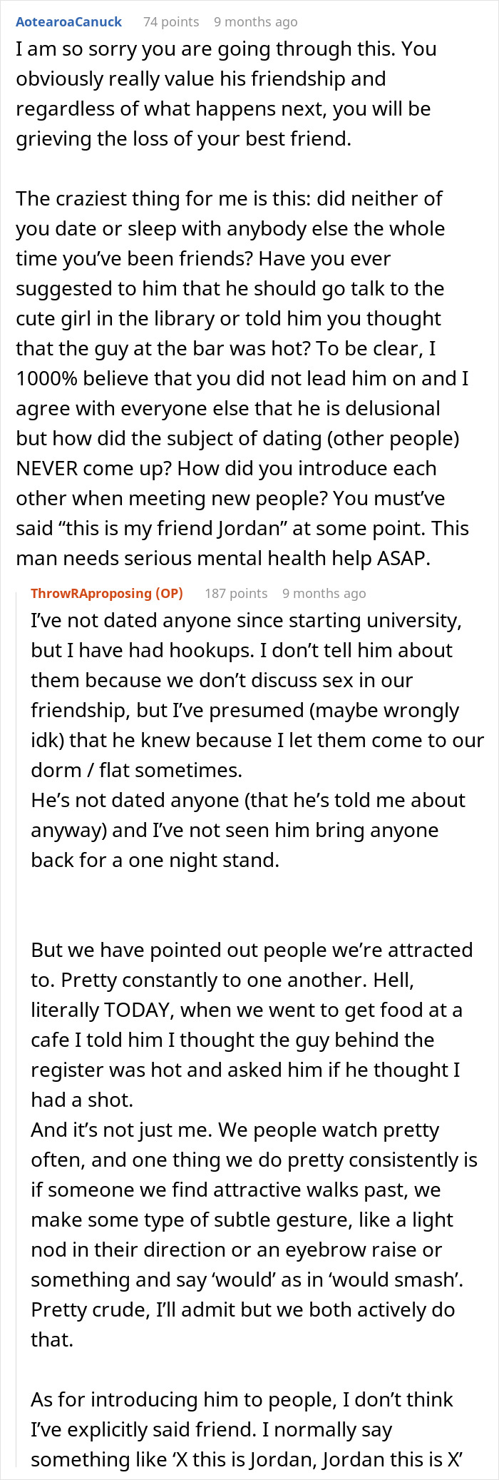 Reddit discussion about a friend's romantic rejection, featuring different user comments and points of view.