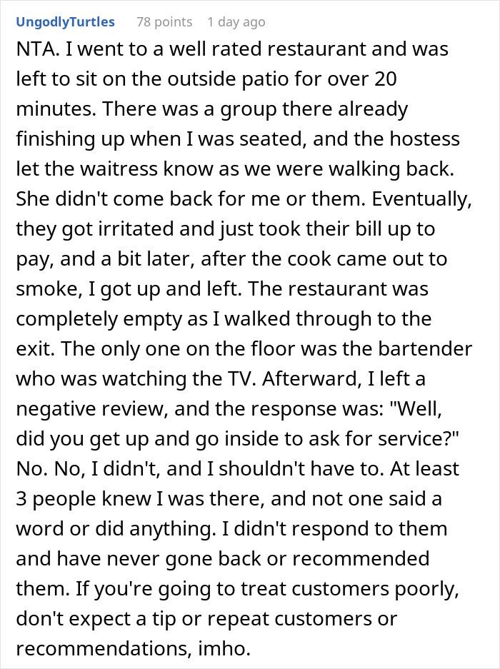 Text of a negative restaurant experience due to inattentive staff and lack of a tip.